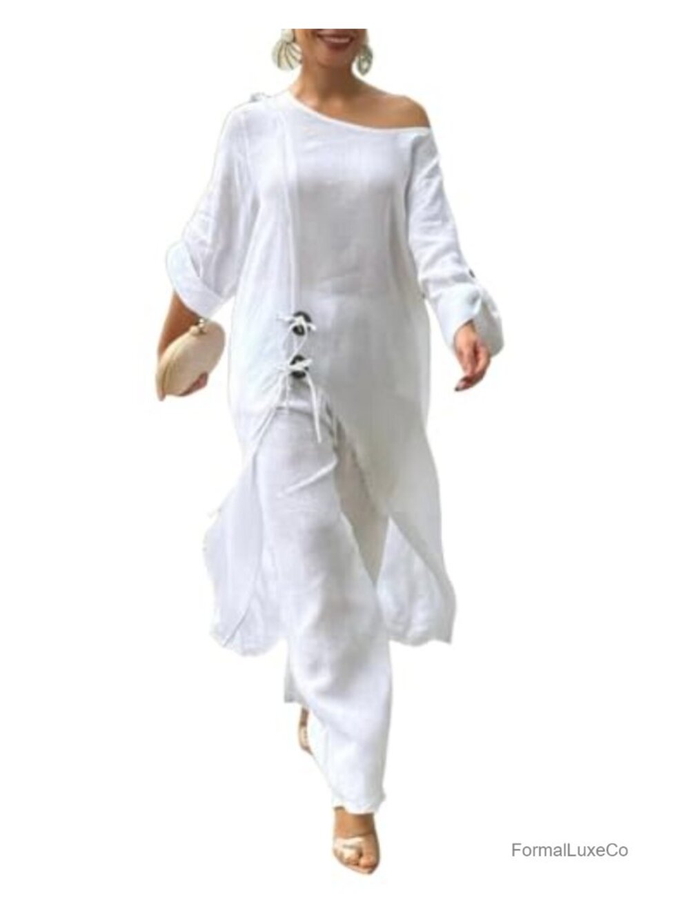 CHICME Viscose Cold Shoulder Wide Leg 2 Piece Pant Set Vacation